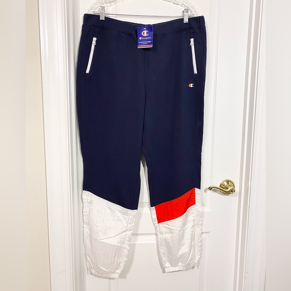 NEW Champion Mixed Media Track Pants Zippers Navy White Red XL